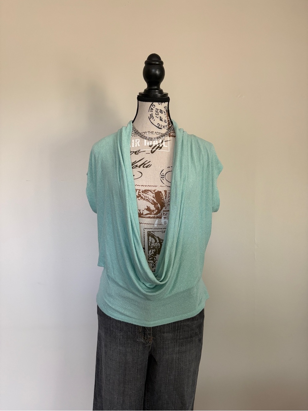 Y2K 2000s Kismet Teal Cowl Neck Short Sleeve Metallic Lightweight Layering Top